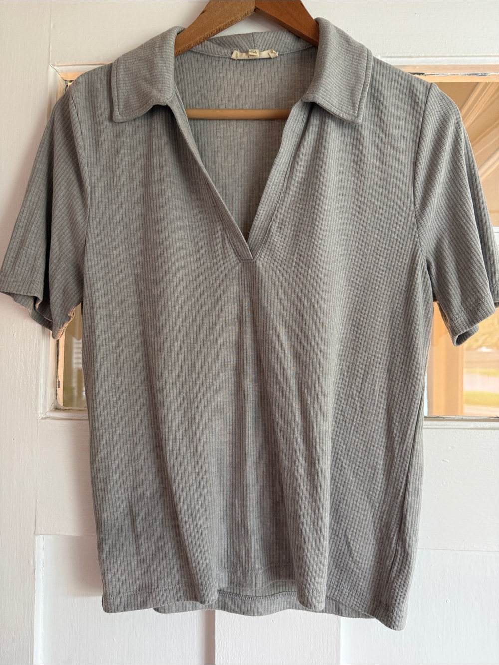Madewell L Grey Ribbed Polo V-Neck Tee